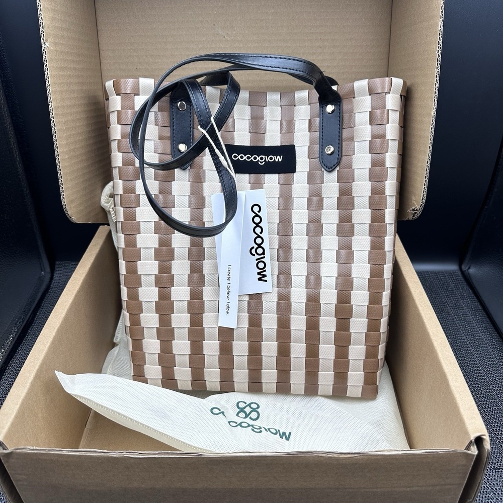 Cocoglow Woven Tote Handbag NWT Brown Ivory Checkerboard w Dust Bag & Box